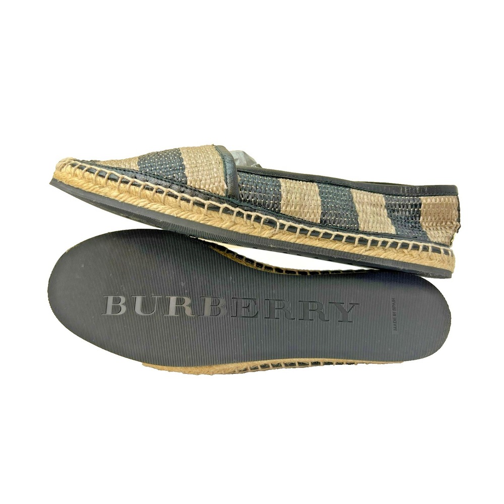 New Burberry Espradrille Flat Shoe Black Tan Stripe Slip-on Rubber Sole SZ 38.5 - Picture 7 of 10